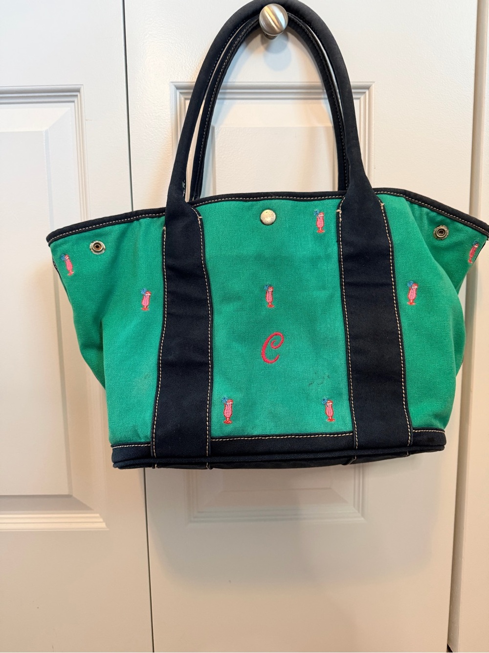 J. Crew Green Canvas Tote with Navy Trim and Pink Embroidery Motifs